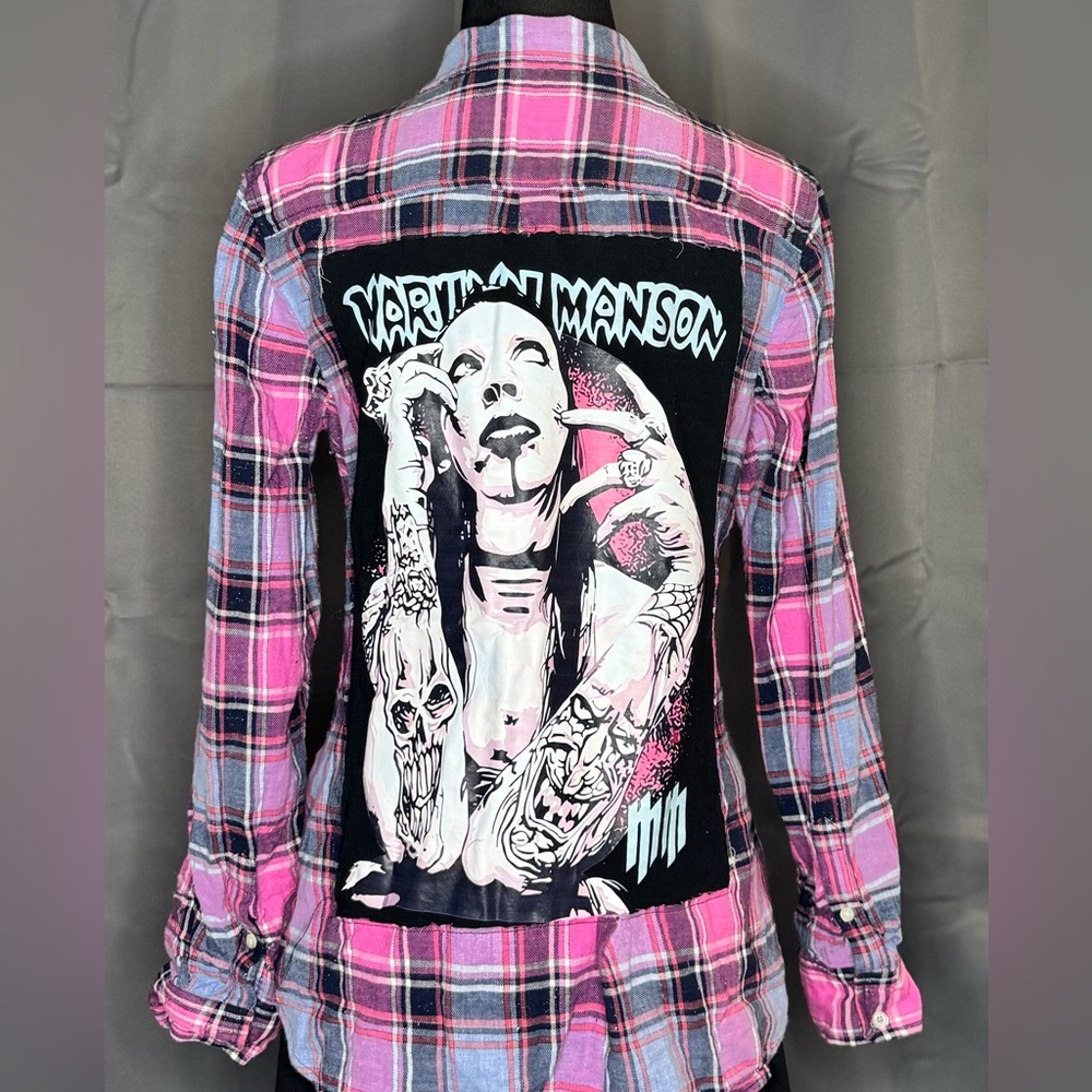 Talbots Pink and Blue Plaid Shirt Medium / Marilyn Manson Graphic Design on Back